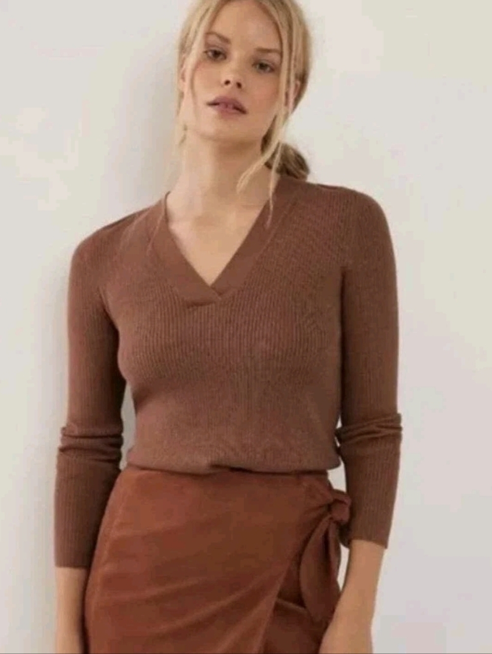 Anthropologie Maeve Thea Sweater Brown V-Neck Ribbed Metallic Sparkle Knit Sz S